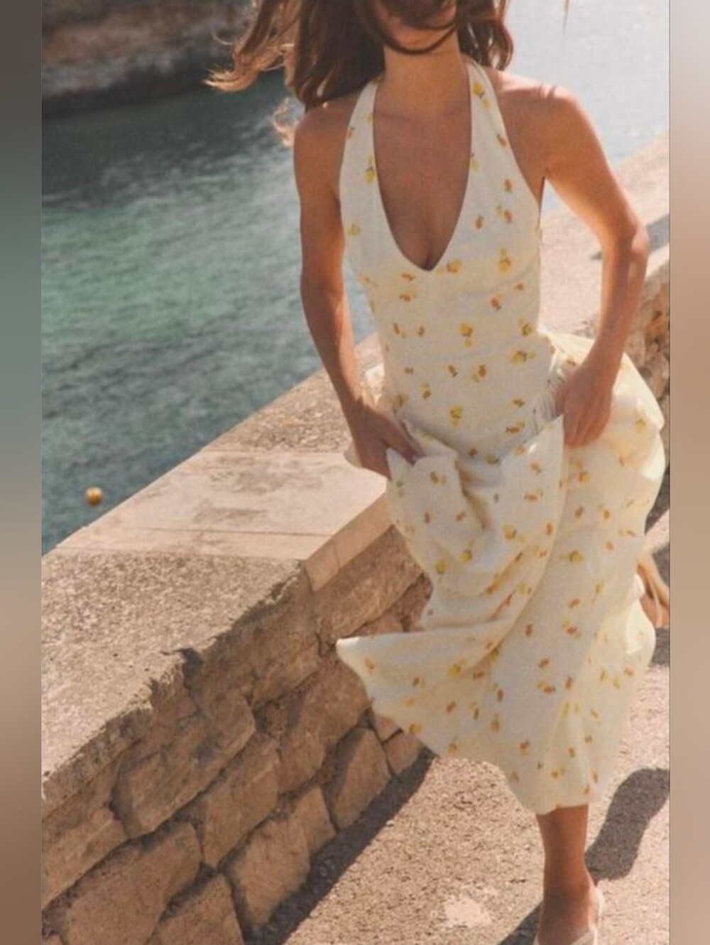 Sz XS ZARA WOMAN NWT SS26 FRUIT PRINT POPLIN HALTER MIDI DRESS YELLOW  2806/336